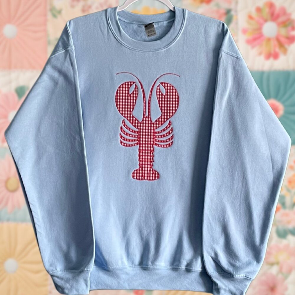 Lobster Patchwork Embroidered Medium Light Blue C… - image 1